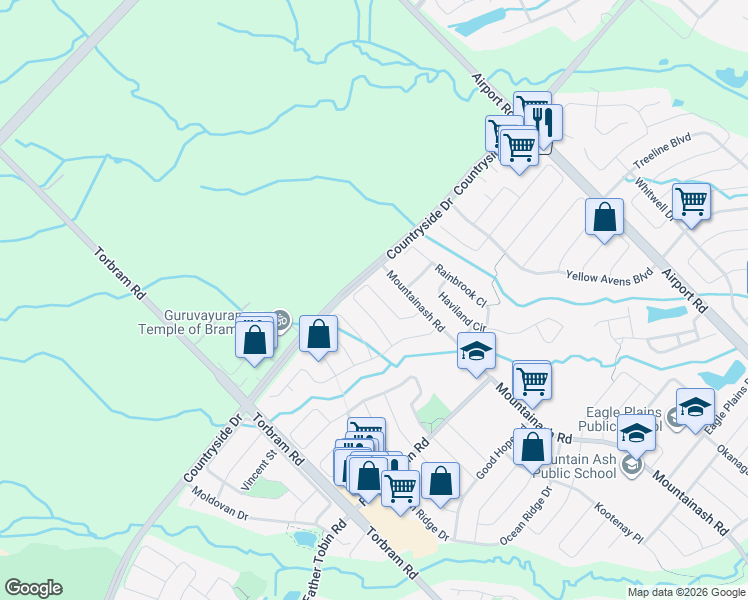 map of restaurants, bars, coffee shops, grocery stores, and more near 16 Powell Drive in Brampton