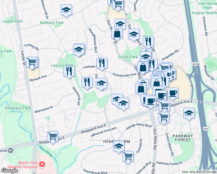 map of restaurants, bars, coffee shops, grocery stores, and more near 132 Shaughnessy Boulevard in Toronto