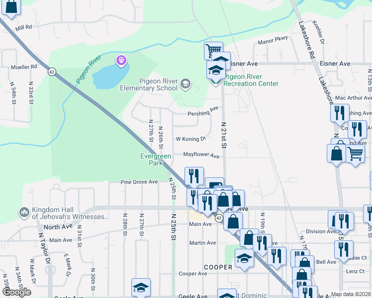 map of restaurants, bars, coffee shops, grocery stores, and more near 2408 Mayflower Ave in Sheboygan