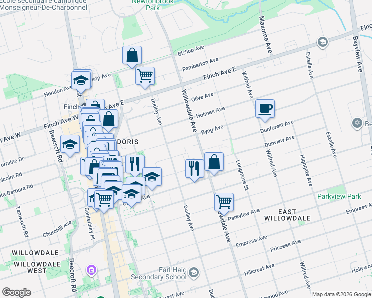 map of restaurants, bars, coffee shops, grocery stores, and more near in Toronto