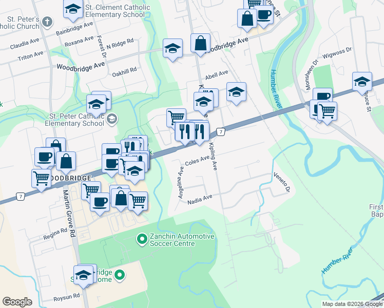 map of restaurants, bars, coffee shops, grocery stores, and more near 5299 Highway 7 in Vaughan