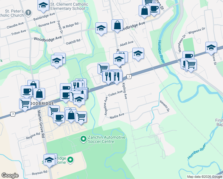 map of restaurants, bars, coffee shops, grocery stores, and more near 5309 Highway 7 in Vaughan