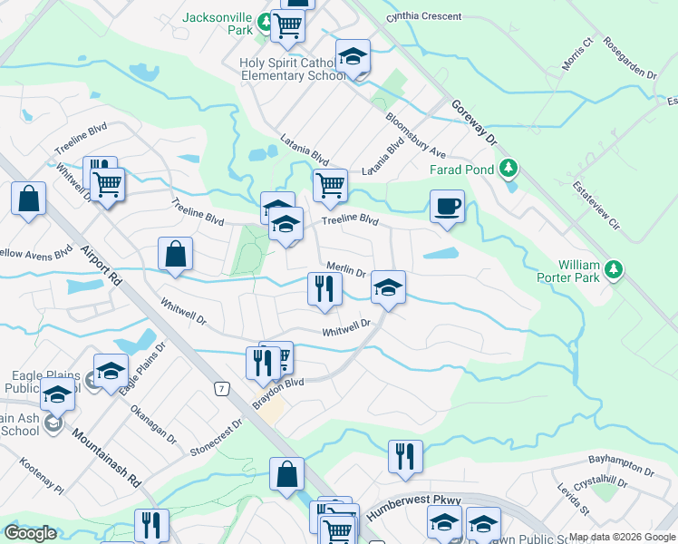map of restaurants, bars, coffee shops, grocery stores, and more near 28 Merlin Drive in Brampton