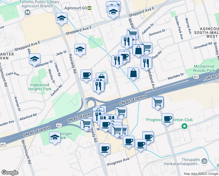 map of restaurants, bars, coffee shops, grocery stores, and more near 125 Village Green Square in Toronto