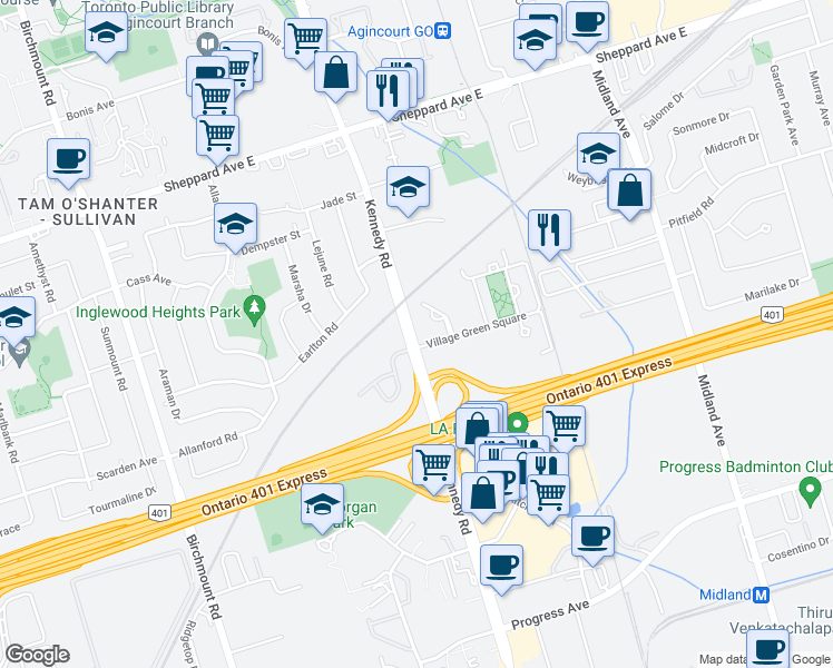map of restaurants, bars, coffee shops, grocery stores, and more near 2055 Kennedy Road in Toronto