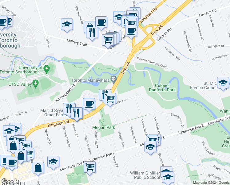 map of restaurants, bars, coffee shops, grocery stores, and more near 4713 Kingston Road in Toronto