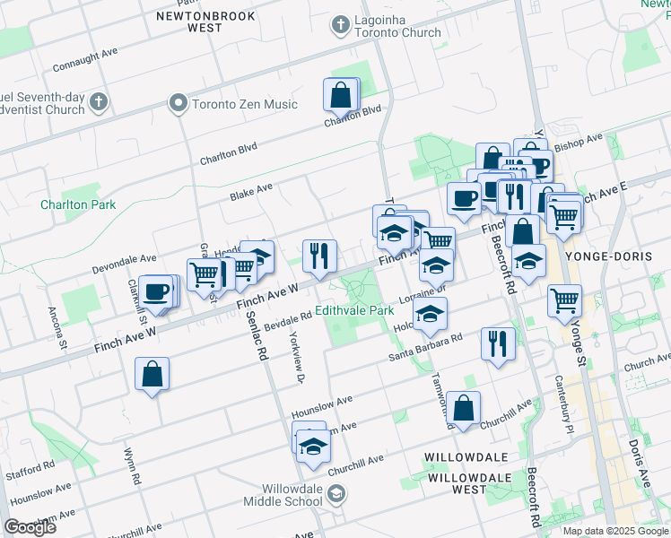 map of restaurants, bars, coffee shops, grocery stores, and more near 118 Finch Avenue West in Toronto