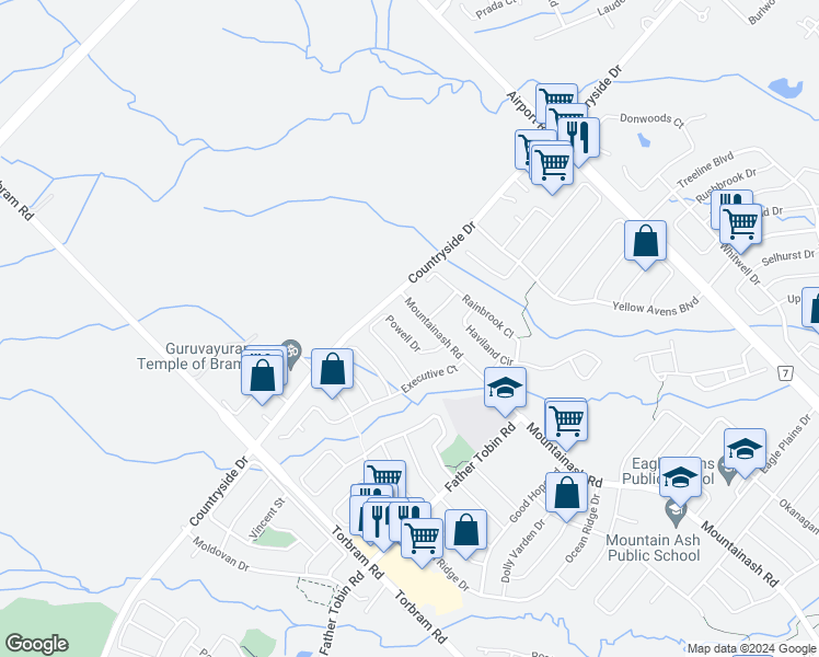 map of restaurants, bars, coffee shops, grocery stores, and more near 16 Powell Drive in Brampton