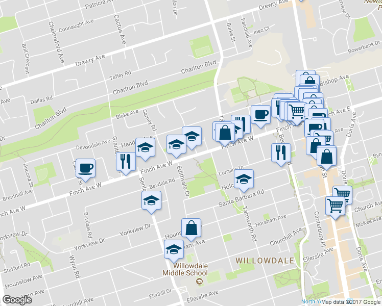 map of restaurants, bars, coffee shops, grocery stores, and more near 128 Finch Avenue West in Toronto