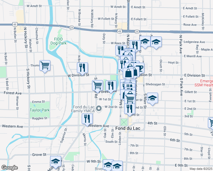 map of restaurants, bars, coffee shops, grocery stores, and more near 83 Forest Avenue in Fond du Lac