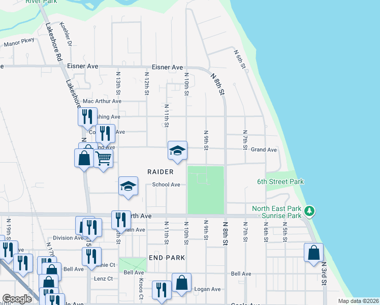 map of restaurants, bars, coffee shops, grocery stores, and more near 3025 North 10th Street in Sheboygan