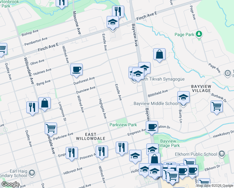 map of restaurants, bars, coffee shops, grocery stores, and more near 116 Estelle Avenue in Toronto