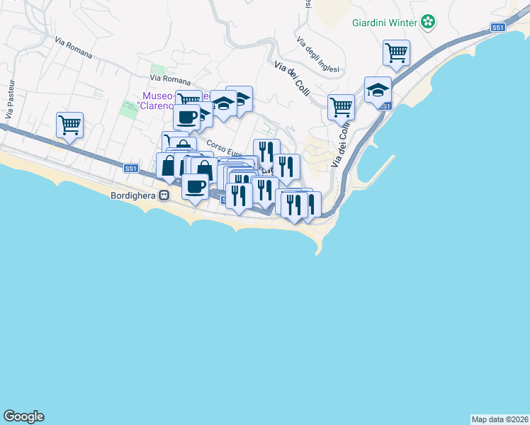 map of restaurants, bars, coffee shops, grocery stores, and more near in Bordighera