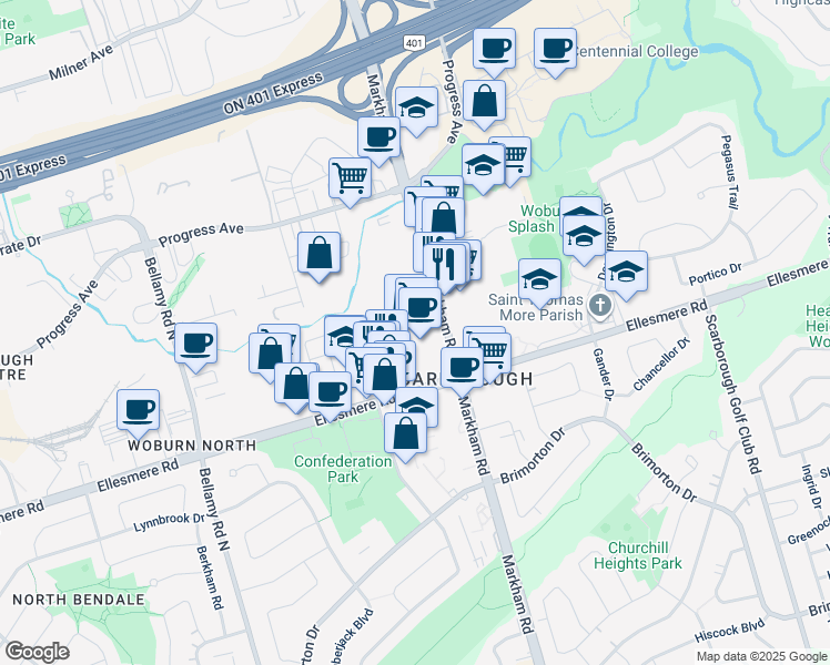 map of restaurants, bars, coffee shops, grocery stores, and more near in Toronto