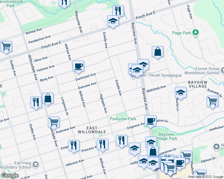 map of restaurants, bars, coffee shops, grocery stores, and more near 35 Lailey Crescent in Toronto