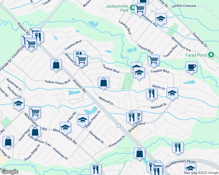 map of restaurants, bars, coffee shops, grocery stores, and more near Linstock Drive in Brampton