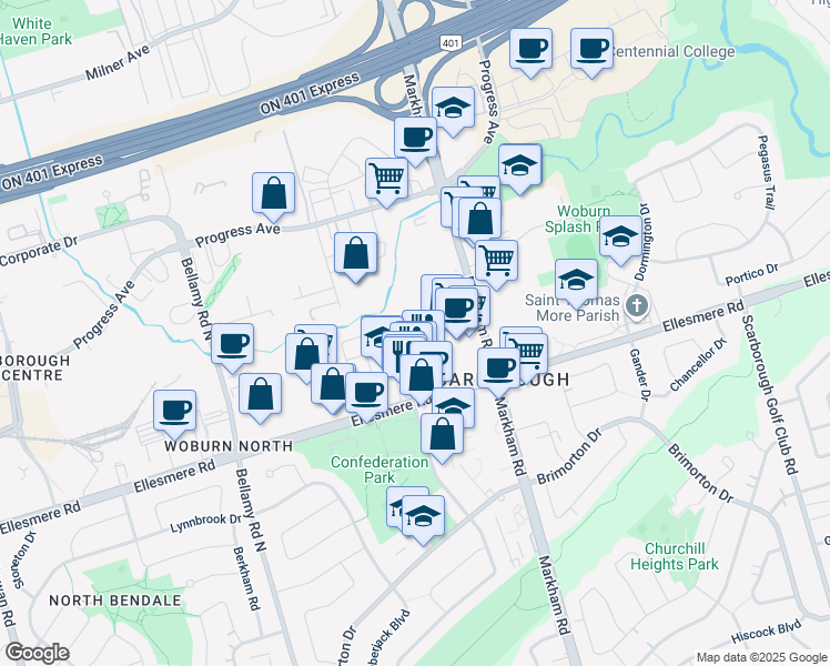 map of restaurants, bars, coffee shops, grocery stores, and more near in Toronto