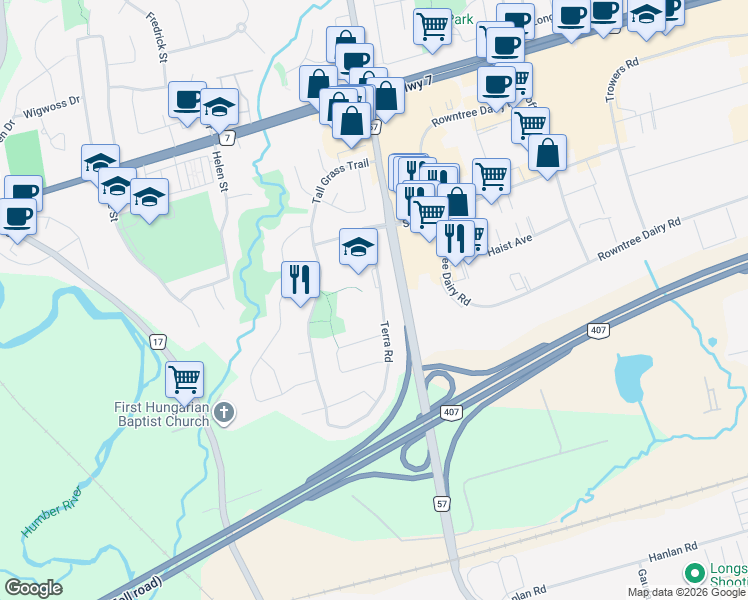 map of restaurants, bars, coffee shops, grocery stores, and more near 106 Terra Road in Vaughan