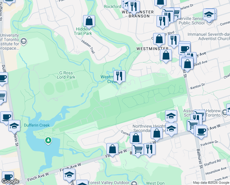 map of restaurants, bars, coffee shops, grocery stores, and more near 120 Torresdale Avenue in Toronto