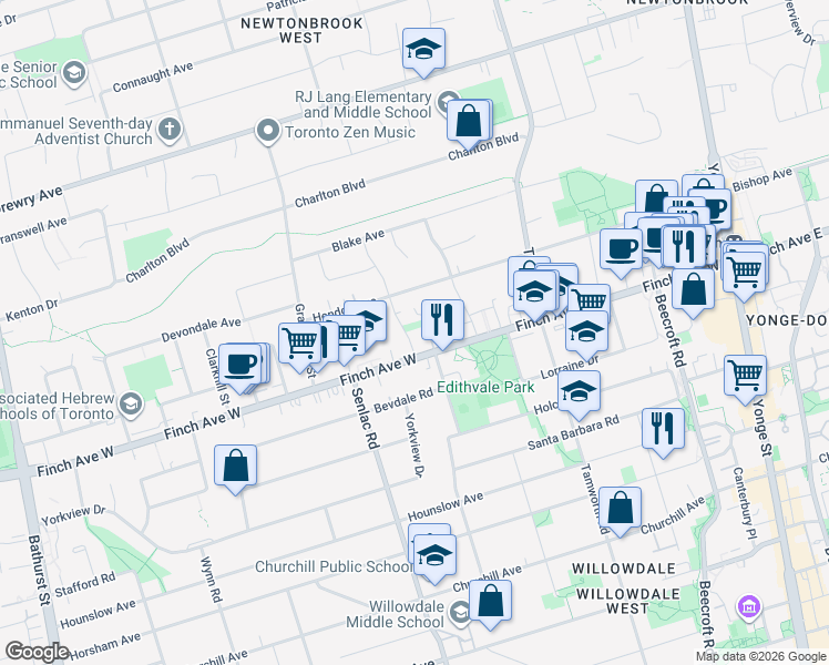 map of restaurants, bars, coffee shops, grocery stores, and more near 15 Carney Road in Toronto