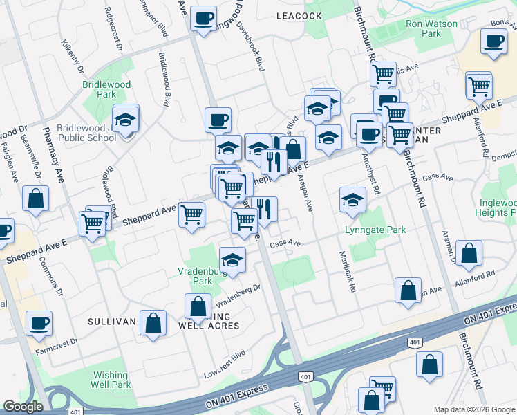 map of restaurants, bars, coffee shops, grocery stores, and more near in Toronto