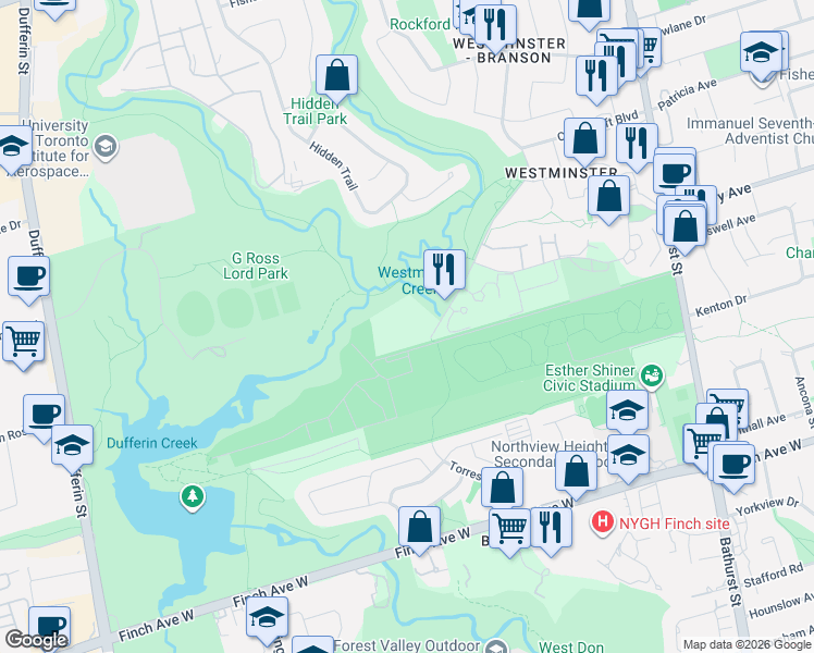 map of restaurants, bars, coffee shops, grocery stores, and more near 120 Torresdale Avenue in Toronto