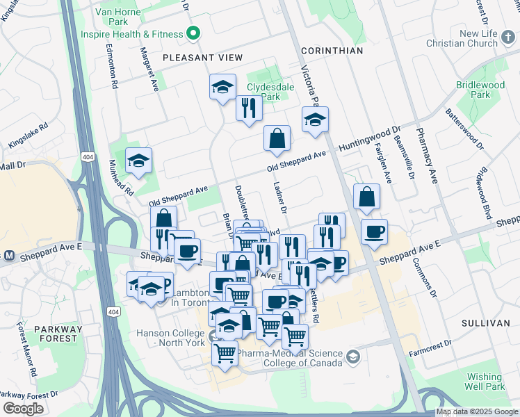 map of restaurants, bars, coffee shops, grocery stores, and more near 48 Wilkinson Drive in Toronto