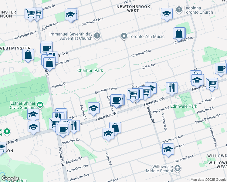 map of restaurants, bars, coffee shops, grocery stores, and more near in Toronto