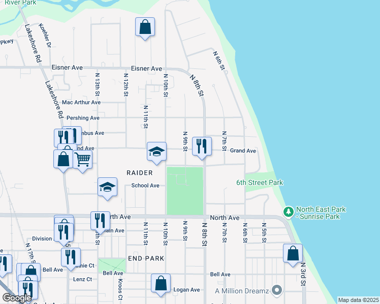 map of restaurants, bars, coffee shops, grocery stores, and more near 3017 North 9th Street in Sheboygan