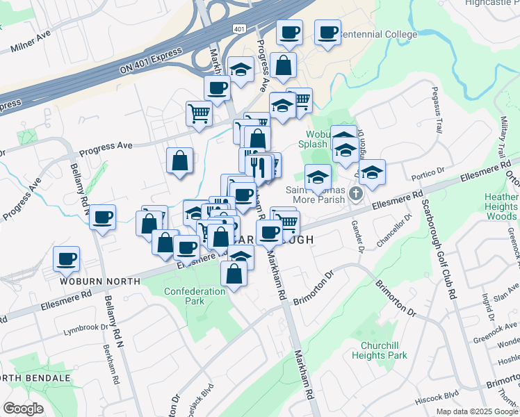 map of restaurants, bars, coffee shops, grocery stores, and more near 1213 Markham Road in Toronto