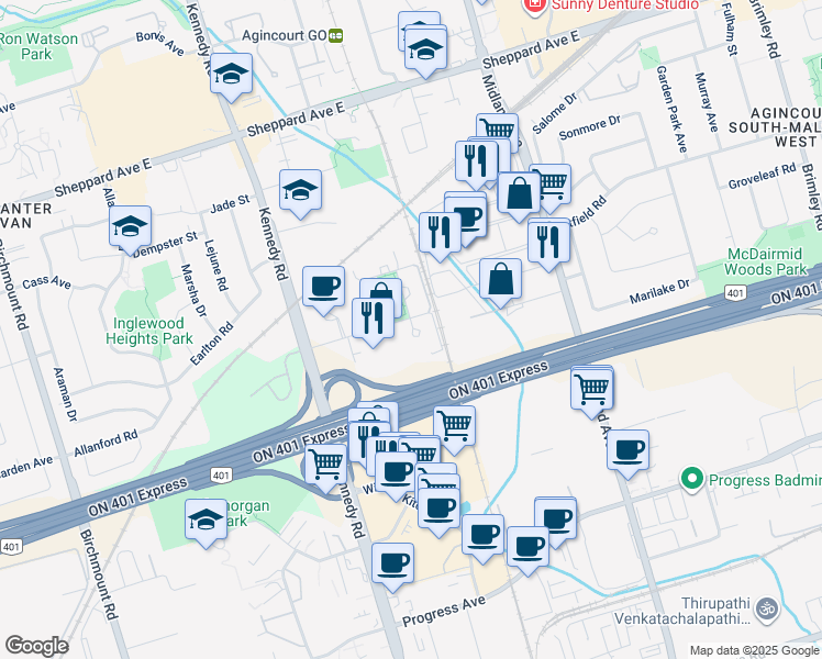 map of restaurants, bars, coffee shops, grocery stores, and more near 125 Village Green Square in Toronto