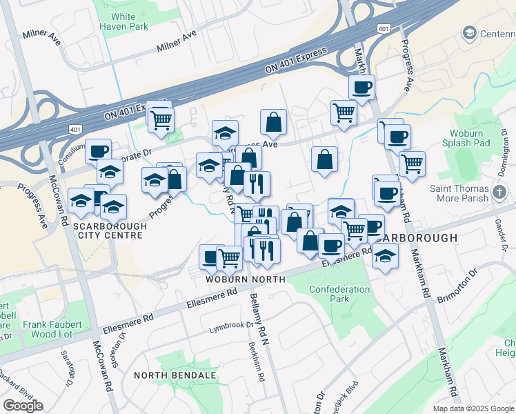 map of restaurants, bars, coffee shops, grocery stores, and more near 1145 Bellamy Road North in Toronto