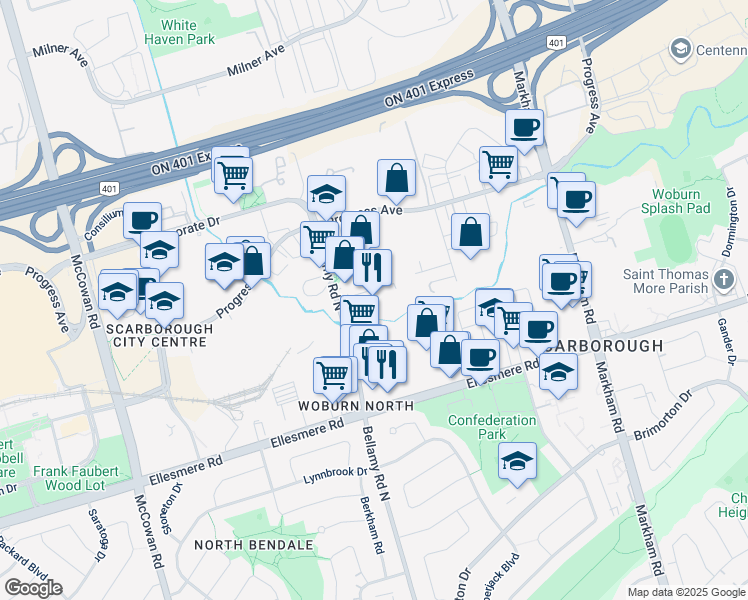 map of restaurants, bars, coffee shops, grocery stores, and more near 1145 Bellamy Road North in Toronto