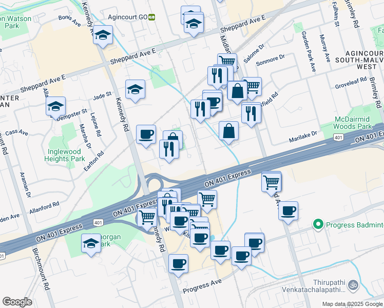 map of restaurants, bars, coffee shops, grocery stores, and more near 135 Village Green Square in Toronto