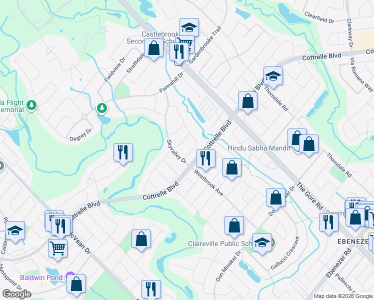 map of restaurants, bars, coffee shops, grocery stores, and more near 8 River Heights Drive in Brampton