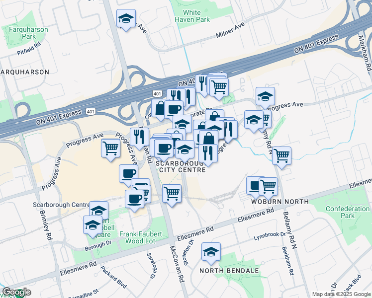 map of restaurants, bars, coffee shops, grocery stores, and more near 670 Progress Avenue in Toronto