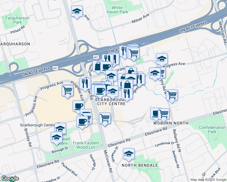 map of restaurants, bars, coffee shops, grocery stores, and more near 680 Progress Avenue in Toronto