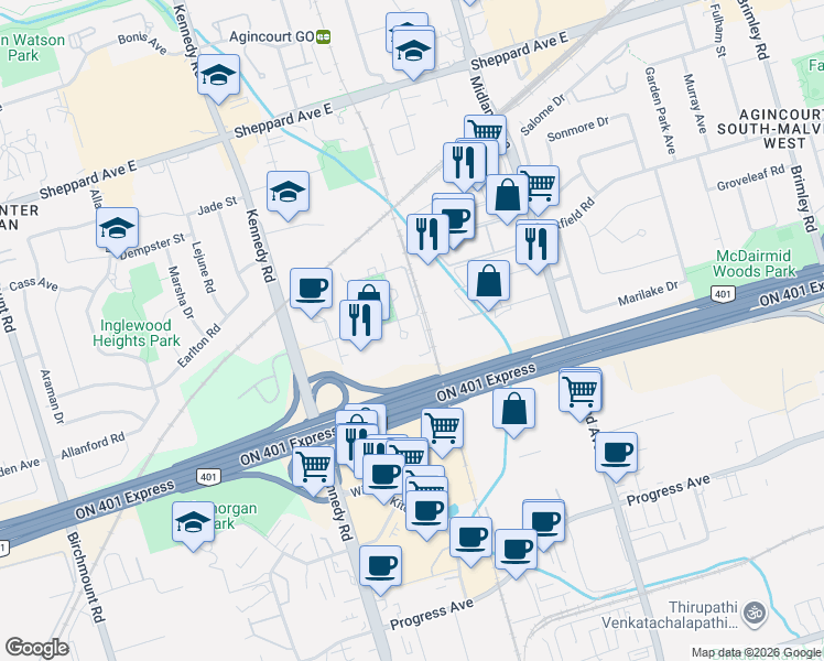 map of restaurants, bars, coffee shops, grocery stores, and more near 135 Village Green Square in Toronto
