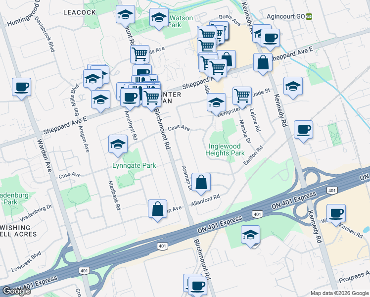 map of restaurants, bars, coffee shops, grocery stores, and more near 30 Murmouth Road in Toronto