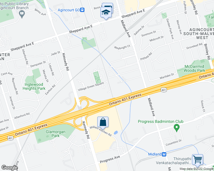 map of restaurants, bars, coffee shops, grocery stores, and more near 125 Village Green Square in Toronto