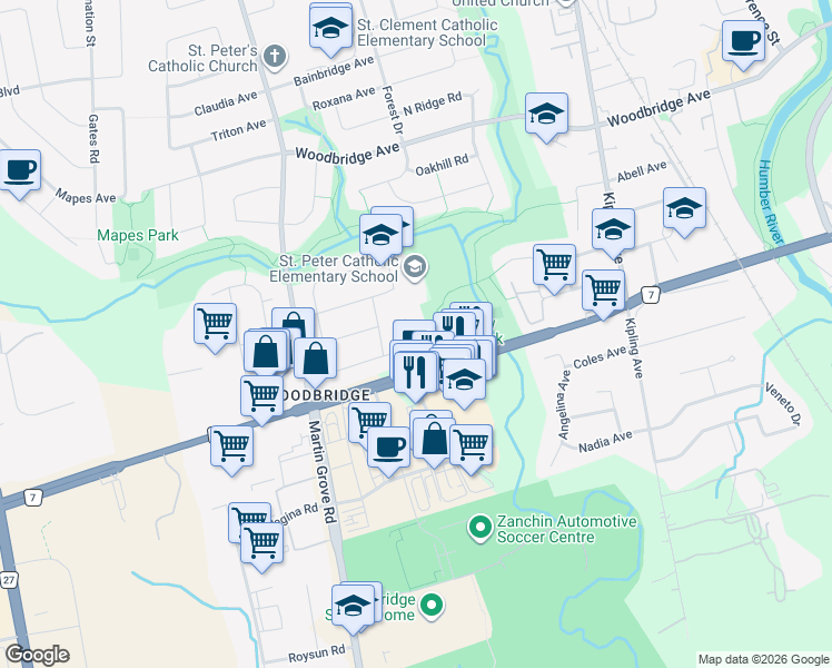 map of restaurants, bars, coffee shops, grocery stores, and more near 31 Parkfield Court in Vaughan