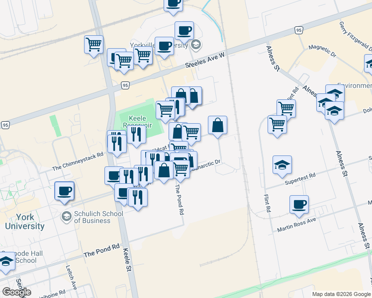map of restaurants, bars, coffee shops, grocery stores, and more near 697 Petrolia Road in Toronto