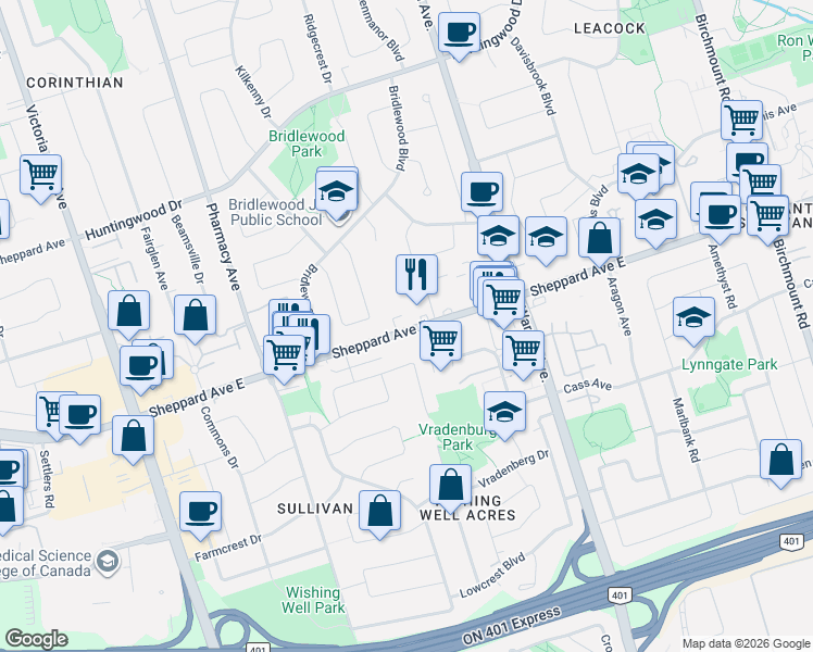 map of restaurants, bars, coffee shops, grocery stores, and more near 3220 Sheppard Avenue East in Toronto
