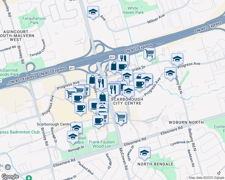 map of restaurants, bars, coffee shops, grocery stores, and more near 300 Consilium Place in Toronto