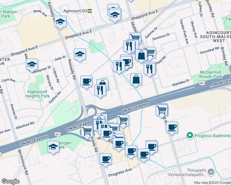 map of restaurants, bars, coffee shops, grocery stores, and more near in Toronto