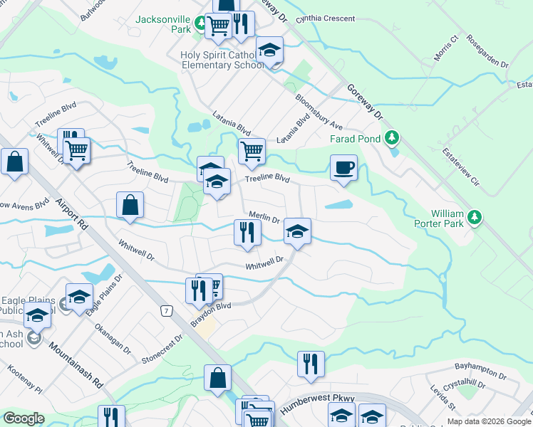 map of restaurants, bars, coffee shops, grocery stores, and more near 28 Merlin Drive in Brampton