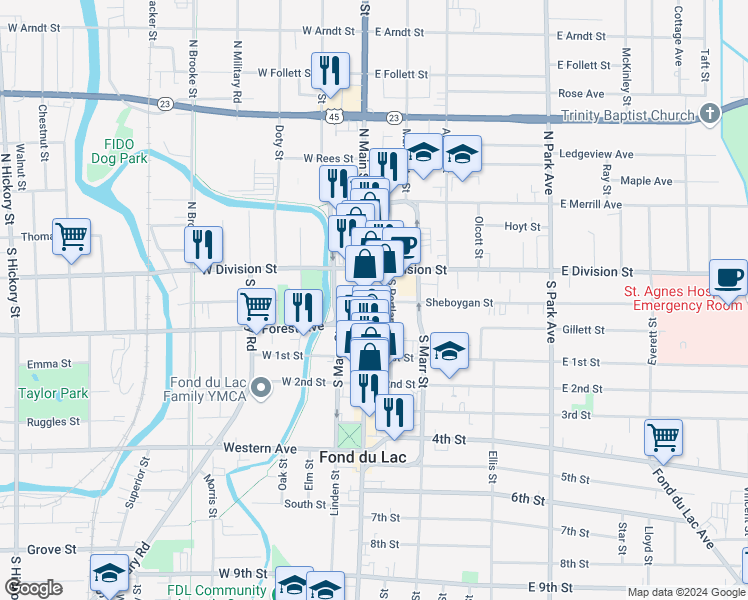 map of restaurants, bars, coffee shops, grocery stores, and more near 47 South Main Street in Fond du Lac