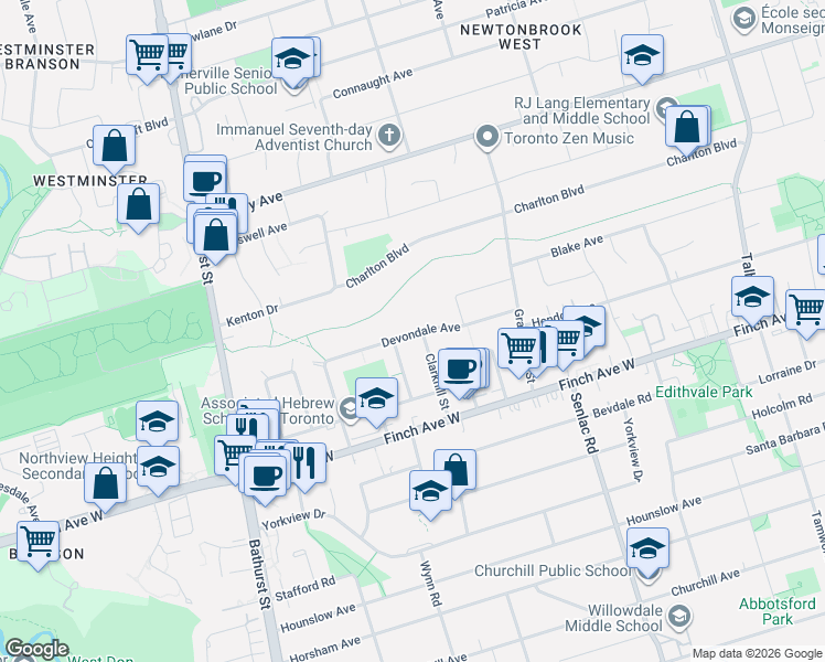 map of restaurants, bars, coffee shops, grocery stores, and more near 38 Devondale Avenue in Toronto