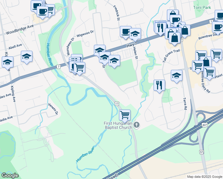 map of restaurants, bars, coffee shops, grocery stores, and more near 7553 Islington Avenue in Vaughan