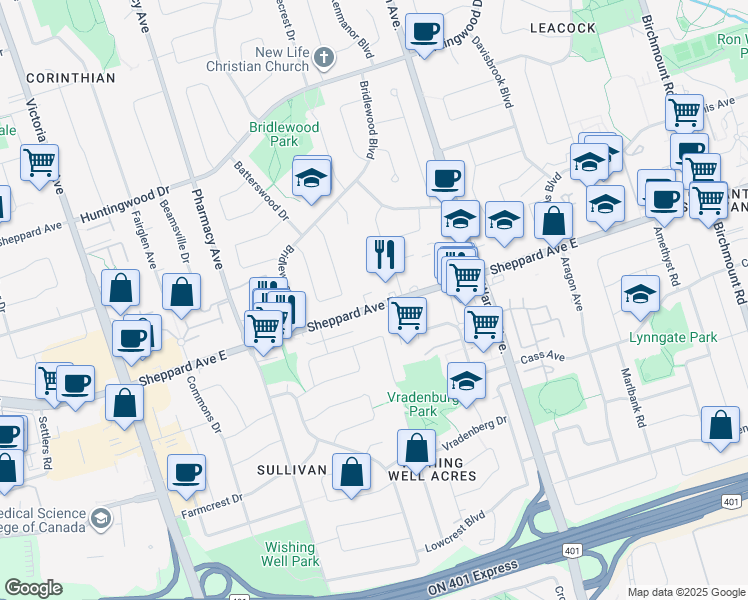 map of restaurants, bars, coffee shops, grocery stores, and more near 3220 Sheppard Avenue East in Toronto
